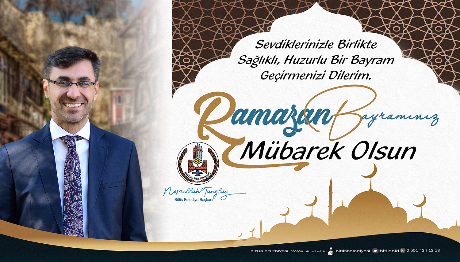 Bitlis Belediye Başkanı Nesrullah Tanğlay: Mübarek Ramazan Bayramı münasebetiyle yayımladığı kutlama mesajında tüm Müslüman aleminin bayramını kutladı. Başkan Tanğlay yayınladığı mesajda “Dinimizin, rahmet, merhamet ve bereket ayı olarak nitelediği mübarek Ramazan-ı Şerif’i geride bırakarak, milletçe muhabbetle kucaklaştığımız bir bayrama daha kavuşmuş bulunuyoruz. Değerli Bitlisliler; her ne kadar tüm dünyanın mücadele ettiği korona virüs salgını sebebi ile ülkemizde uygulanacak sokağa çıkma yasağından ötürü bu Ramazan Bayramını sevdiklerimizden ayrı geçirecek olsak da; karşılayacağımız nice sağlıklı, huzurlu, mutlu bayramlar hayali ve temennisi ile tüm çalışma arkadaşlarımın ve kıymetli Bitlisli hemşerilerimizin Ramazan Bayramını kutluyorum. Bu bayramı çocuklarından, torunlarından ayrı geçirmek zorunda olacak değerli büyüklerimizin ellerinden; bayram sevincini ve heyecanını evde yaşayacak çocuklarımızın gözlerinden öpüyorum. Bu vesileyle, tüm hemşerilerimin ve İslam dünyasının Ramazan Bayramını kutluyor, bayramın ülkemize, dünyamıza ve tüm insanlığa barış, kardeşlik ve huzur getirmesini diliyorum” dedi.