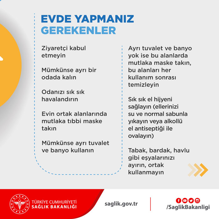 Sağlık Bakanlığı, korona virüsünün Türkiye'de de tespit edilmesinin ardından tavsiyelerde bulundu. Evde yapılması gerekenleri sıralayan Bakanlık, "Evden çıkmak zorunda kalırsanız maske takın" uyarısını yaptı.