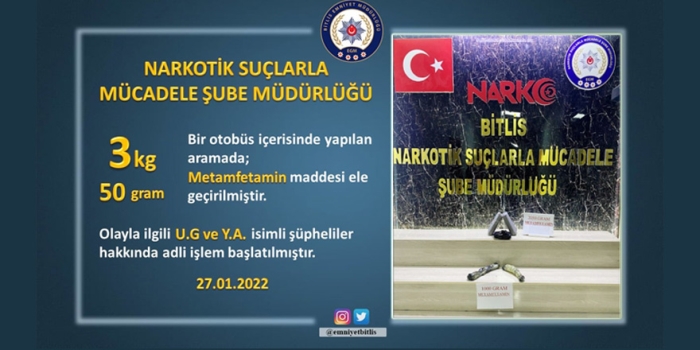 Bitlis'te 3 Kilo 50 gram metamfetamin maddesi ele geçirildi